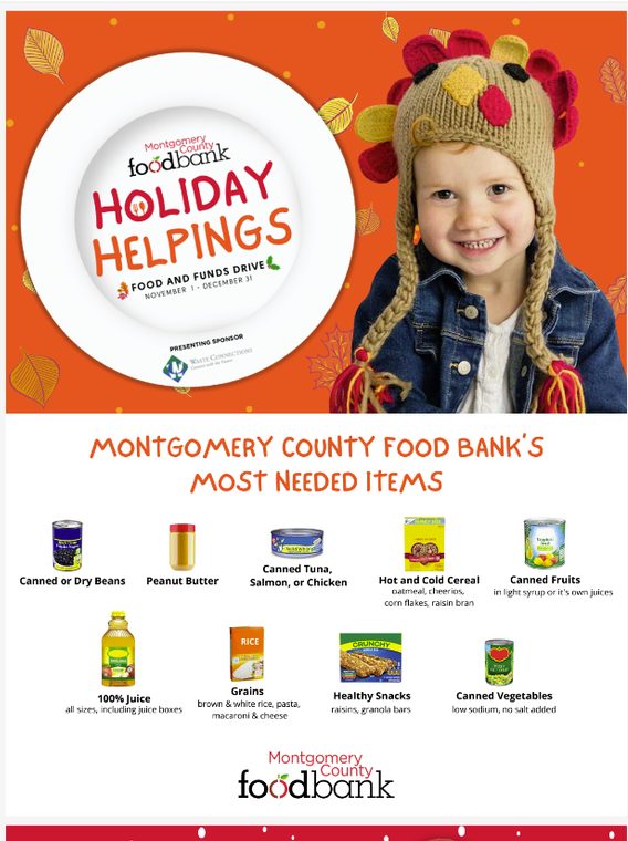 Shenandoah invites donations for Holidiay Helpings Food Drive benefiting Montgomery County Food Bank Nov. 7