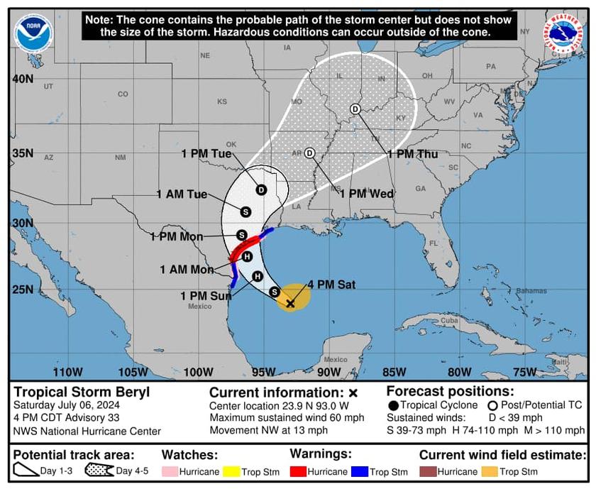 July 6th 7:00pm Update:  Tropical Storm Beryl