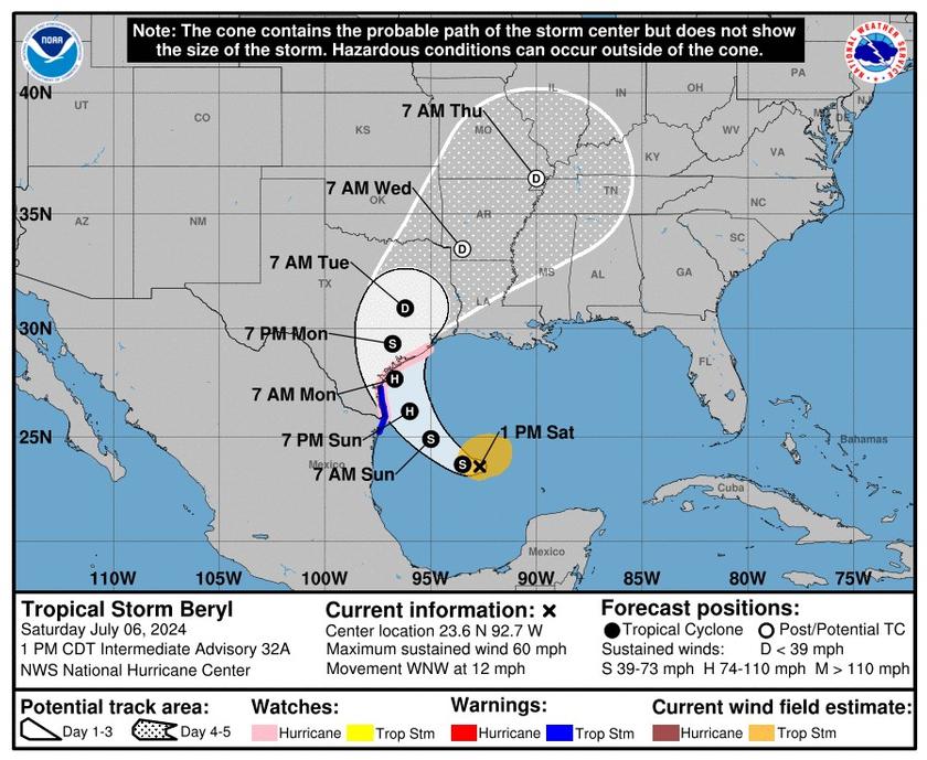 July 6th 1pm update:  Tropical Storm Beryl