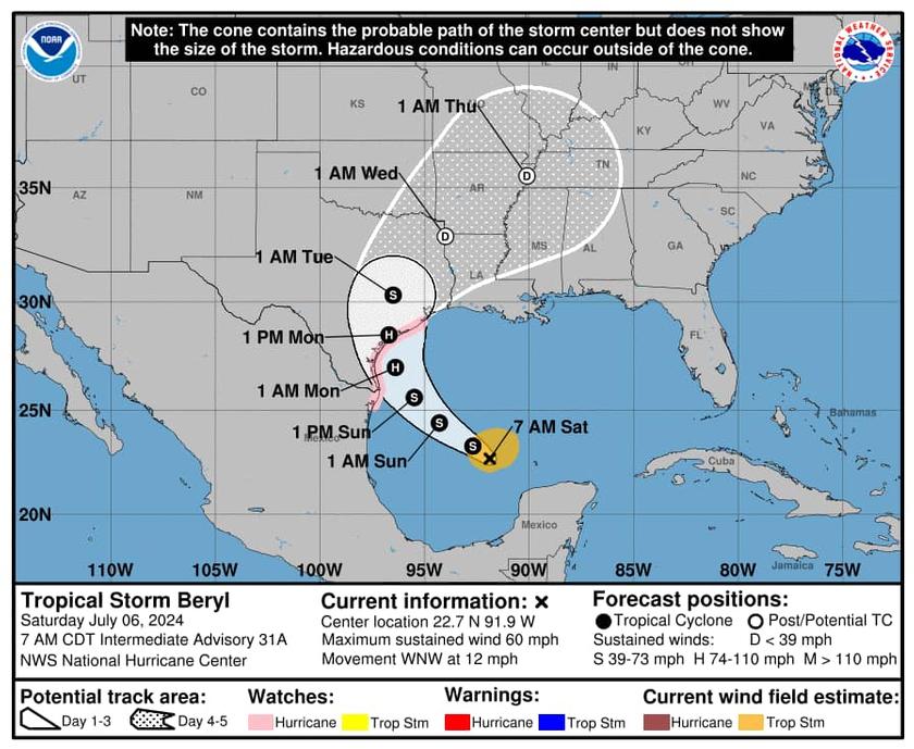 July 6th 7am update: Tropical Storm Beryl