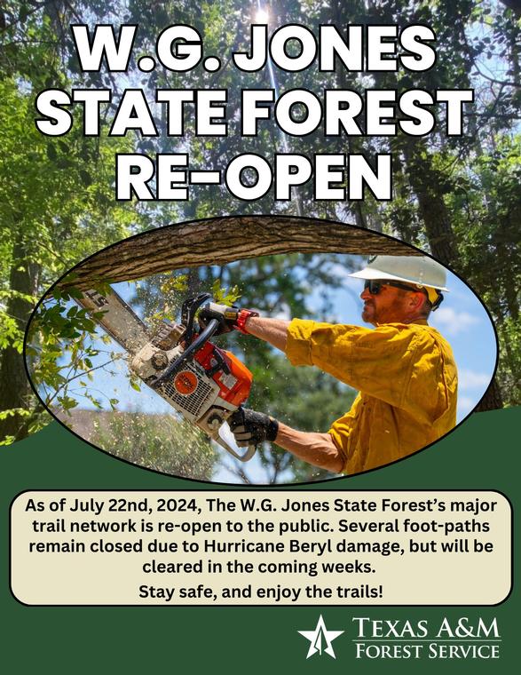 W.G. Jones State Forest is now re-opened for public use