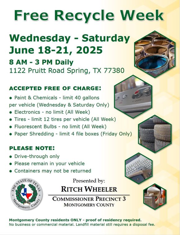 Montgomery County Precinct 3 Announces Free Recycle Week – June 18–21, 2025