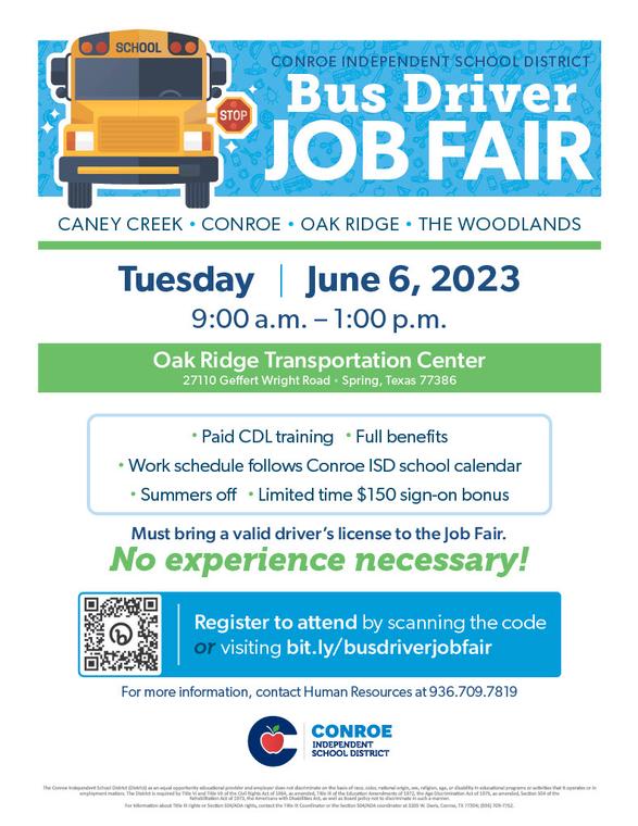 Conroe ISD Hosting Bus Driver Job Fair June 6