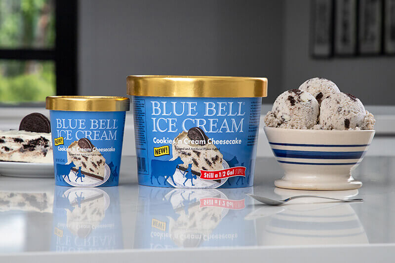July is the official month to celebrate ice cream and cheesecake, and Blue Bell makes it easy with new Cookies ‘n Cream Cheesecake Ice Cream