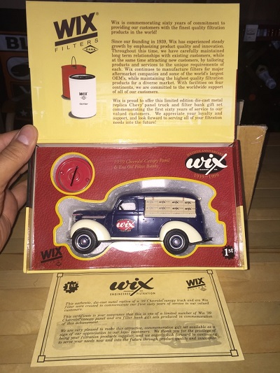 NIB 1939 Chevrolet Canopy Panel Truck Diecast Wix Oil Filters Bank First Gear NIB 1939 Chevrolet Canopy Panel Truck Diecast Wix Oil Filters Bank First Gear