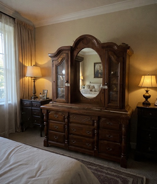 Dresser mirror display wood cabinet