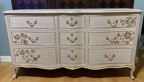 antique white dresser with gold trim White and Gold Distressed Damask Dresser