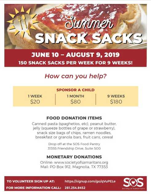 Society Of Samaritans To Host Annual Summer Snack Sacks Giveaway