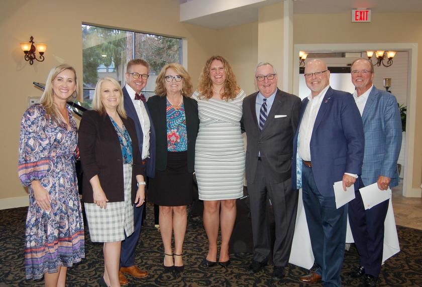 Pictured from left:  Christin Allphin, Executive VP, Managing Director of Healthcare and Business Banking for Woodforest National Bank and Chairman of The Woodlands Area Economic Development Partnership (EDP); Holly Gruy, COO of EDP; Dan Michalk, Founder of Waterway Wealth Management, and Judge Lisa Michalk; Margaret Hoelzer, keynote speaker; Gil Staley, CEO of EDP; Jay Dreibelbis, President and CEO of Woodforest National Bank; and Robert Marling, Chairman and CEO Woodforest Financial Group and President of Woodforest Charitable Foundation.