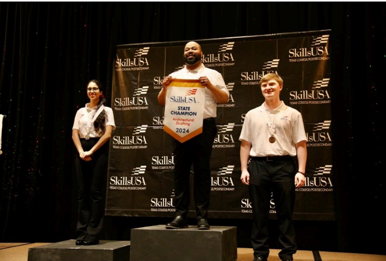 Photo caption: TSTC student Tarren Harvey (center) won the gold medal for Architectural Drafting at the 2024 SkillsUSA Texas Postsecondary State Leadership and Skills Conference. (Photo courtesy of TSTC.)