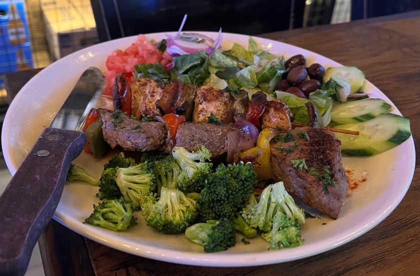 On The Kirb’s Beef and Chicken Kabob plate