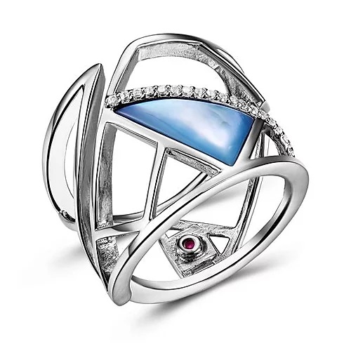 ELLE Jewelry CHARISMA Ring w/ Blue Mother of Pearl & CZ Sterling Silver R0233 
